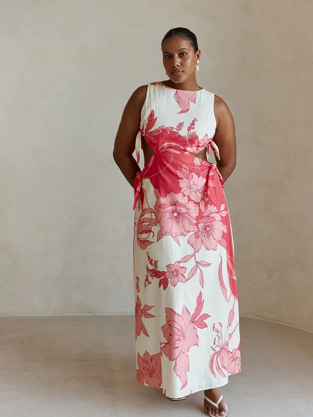 Sabo SkirtWhite Maxi Dress with Pink Floral Print and Side Tie